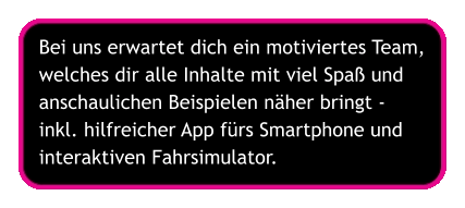 Bei uns erwartet dich ein motiviertes Team,  welches dir alle Inhalte mit viel Spaß und  anschaulichen Beispielen näher bringt -  inkl. hilfreicher App fürs Smartphone und interaktiven Fahrsimulator.